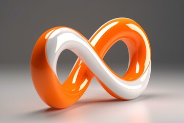 3D infinite symbol with glossy lacquered finish in orange and white on a bright solid background. Symbol of infinity and eternity called lemniscate. Generative AI