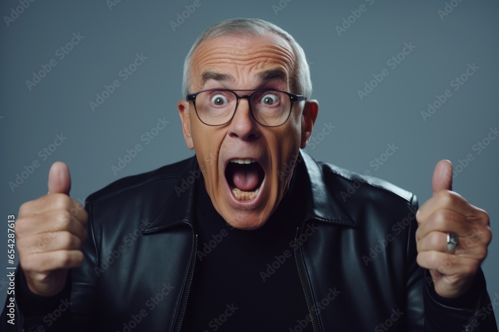 Poster A man wearing a leather jacket is captured in the moment of making a funny face. This image can be used to add humor and personality to various projects.