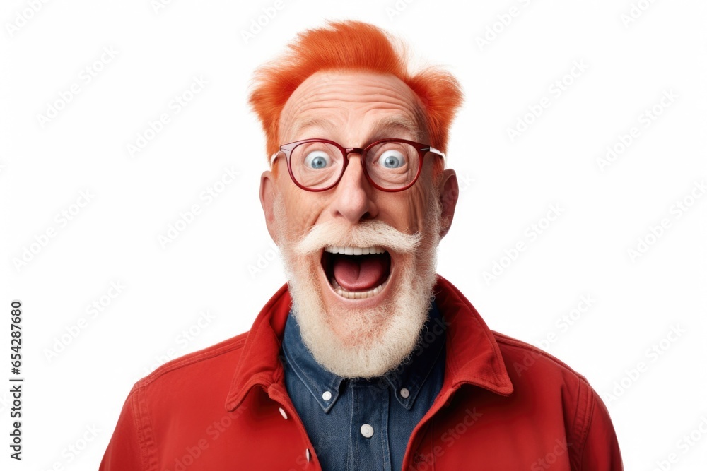 Poster a man wearing a red jacket and glasses is making a funny face. this picture can be used to add humor