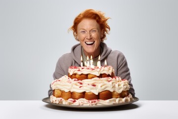 A woman with red hair holding a birthday cake with lit candles. Perfect for celebrating special occasions and birthdays.