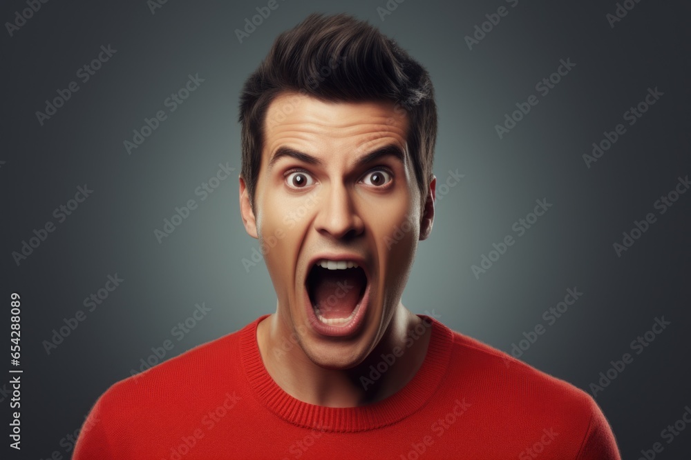 Poster a man wearing a red sweater is captured in the image, making a humorous expression. this picture can