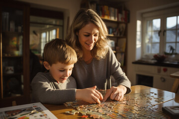 Mother and son have fun playing jigsaw puzzles in the living room at home. Generative AI.