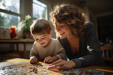 Mother and son have fun playing jigsaw puzzles in the living room at home. Generative AI.