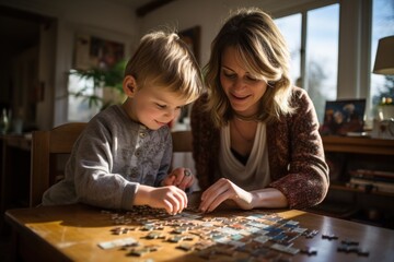 Mother and son have fun playing jigsaw puzzles in the living room at home. Generative AI.