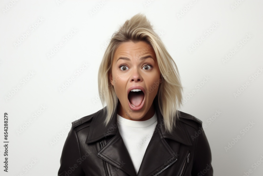 Poster a woman wearing a leather jacket is captured making a funny face. this image can be used to add humo