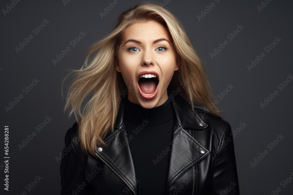 Poster a woman wearing a leather jacket making a humorous expression. this image can be used to add a touch