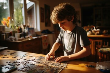 Boy have fun playing jigsaw puzzles in the living room at home. Generative AI.