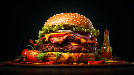 fresh tasty burger on the table - obrazy, fototapety, plakaty