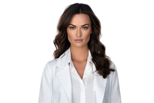 A woman wearing a white lab coat poses for a picture. This image can be used to represent science, research, education, or healthcare professions.