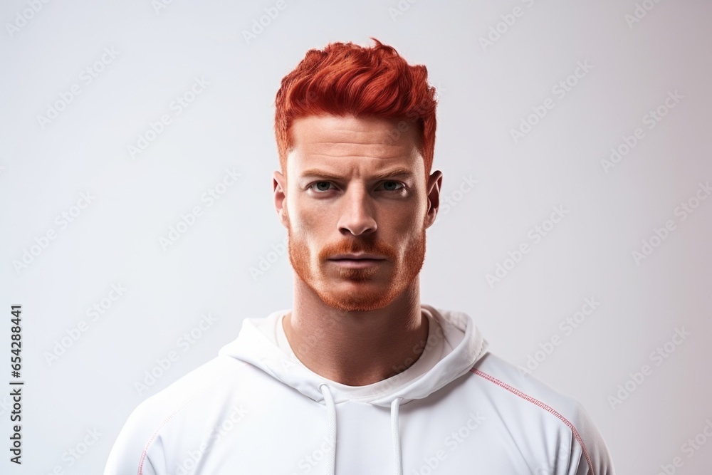 Poster a picture of a man with red hair wearing a white hoodie. this versatile image can be used in various