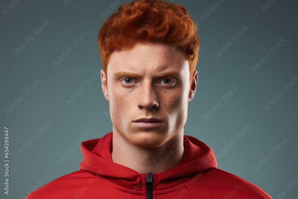 Poster a man wearing a red hoodie looks directly at the camera. this image can be used for various purposes