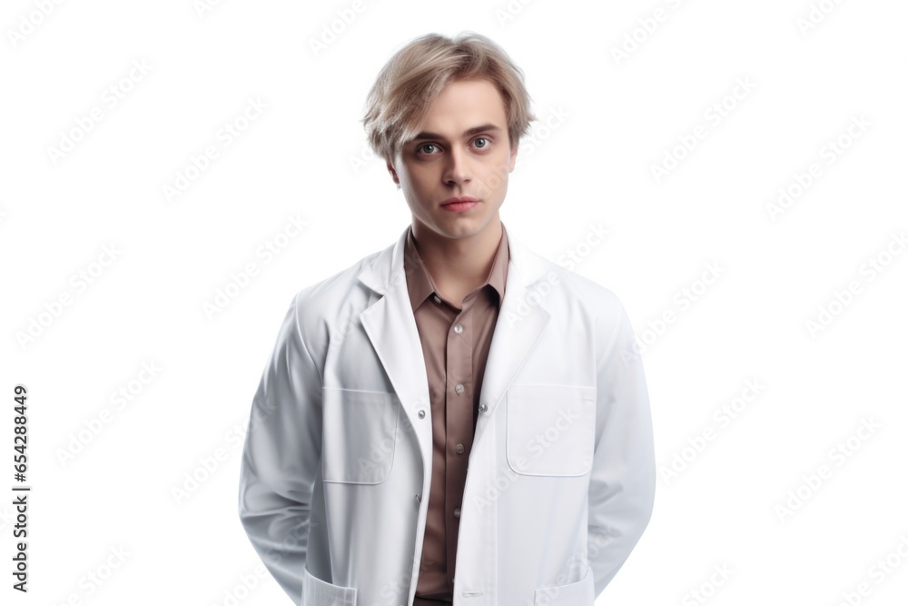 Poster A man wearing a lab coat is posing for a picture. This image can be used to represent a scientist, researcher, or professional in a laboratory or scientific setting.