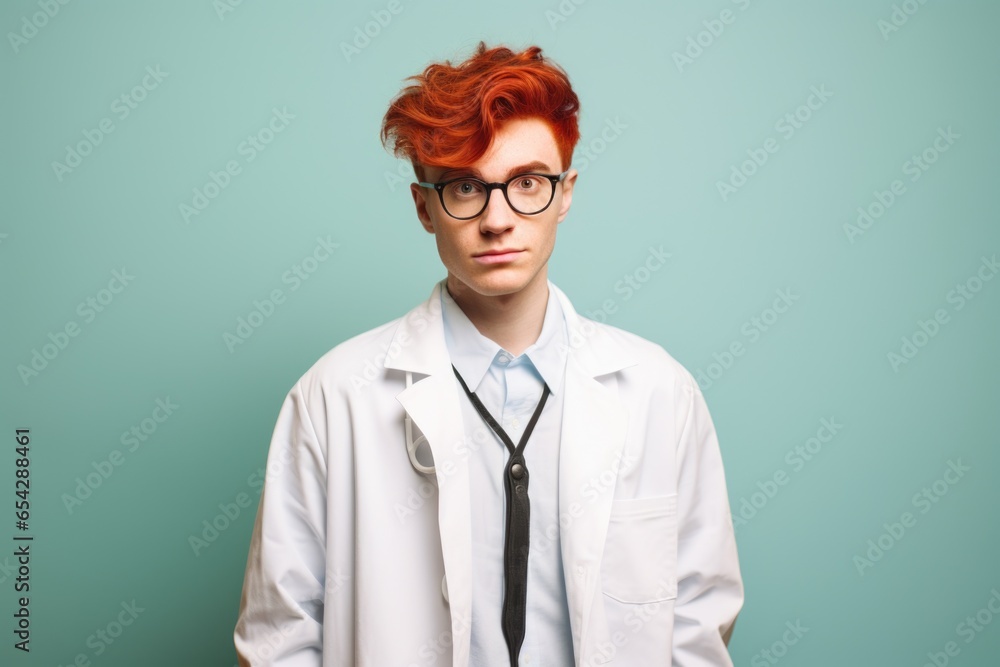 Poster a professional man with red hair is dressed in a lab coat and tie. this image can be used to represe