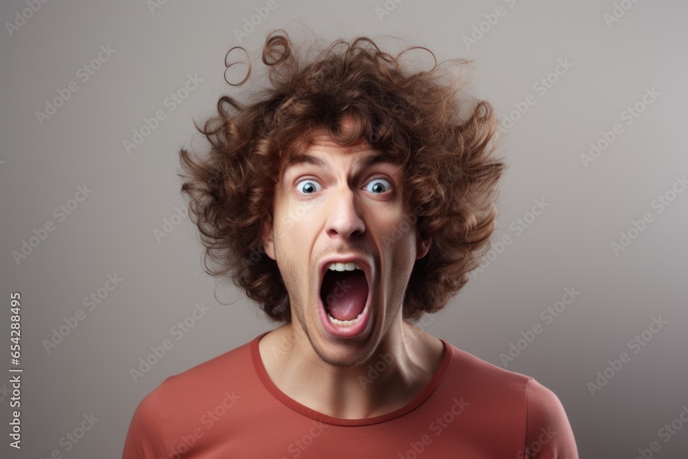 Poster a picture of a man with curly hair making a funny face. this image can be used to add humor and ligh