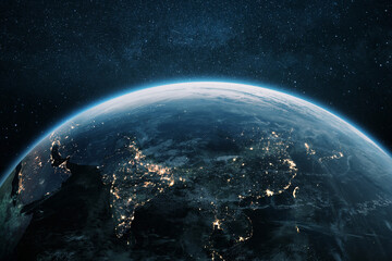 Beautiful planet Earth with night lights of Asian cities views from space. Amazing night planet Earth in view of India, China, Korea and Japan. Development, economics and technology, concept - obrazy, fototapety, plakaty