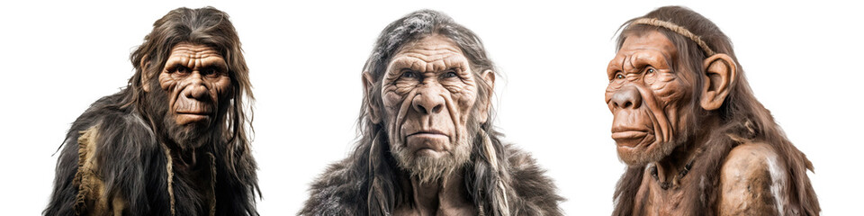 Set of neanderthal isolated on transparent background - Generative AI - obrazy, fototapety, plakaty