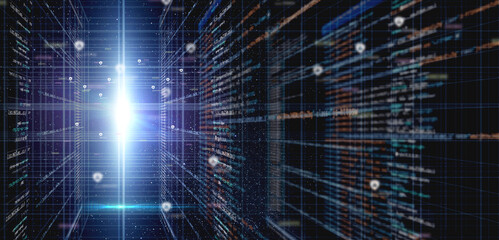 Coding, cyber hologram and programming by dark background for information, connection and data...