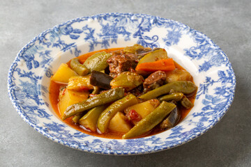 Turkish Food Turlu Mixed Vegetables with Cubed Meat.