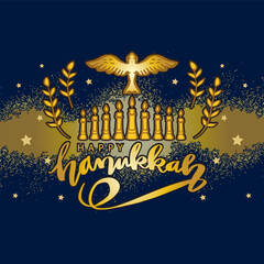 Fototapeta na wymiar Happy Hanukkah. Hand drawn lettering. gold color. Vector illustration.
