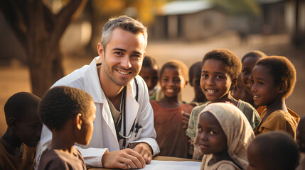 Portrait of a smiling doctor sitting with poor children in the street - obrazy, fototapety, plakaty