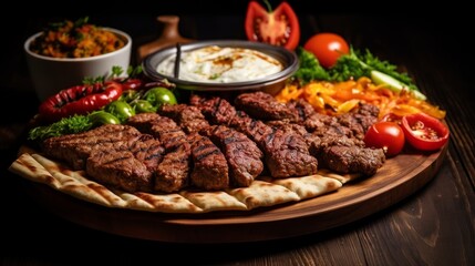 A traditional Turkish and Arabic mixed Vali Kebab plate for Ramadan, including Adana, Urfa, chicken, lamb, liver, and beef, served on bread - obrazy, fototapety, plakaty