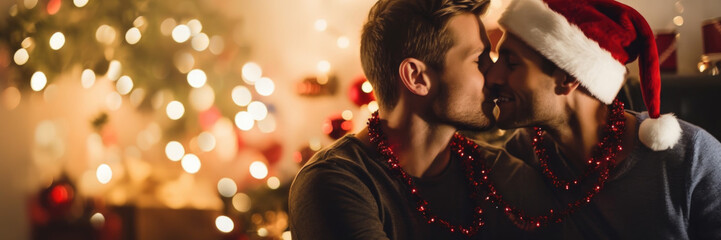 A happy gay couple on Christmas - Fictional Person, Generative AI - obrazy, fototapety, plakaty