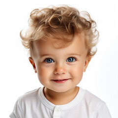 Closeup portrait of a cute little baby boy on white background, ai technology