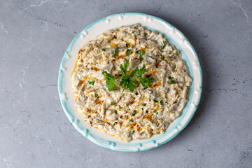 Traditional Turkish cuisine; Appetizer, salad made with eggplant and yoghurt. local name; Mutebbel