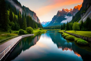 Foto op Canvas A scenic highway running alongside a calm river, with towering cliffs on one side and lush forests on the other © Abdul
