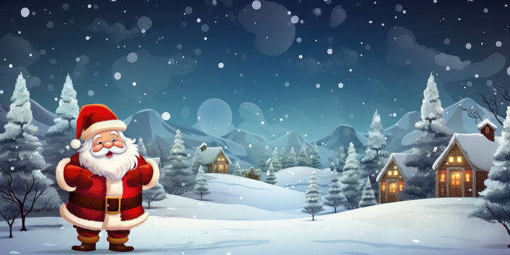 Surprised Santa Claus against the backdrop of a snow-covered forest and houses. Christmas card! Happy New Year and Merry Christmas