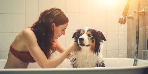Touching scene of a woman compassionately bathing her canine in the bathtub. - obrazy, fototapety, plakaty
