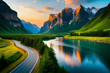 A scenic highway running alongside a calm river, with towering cliffs on one side and lush forests on the other
