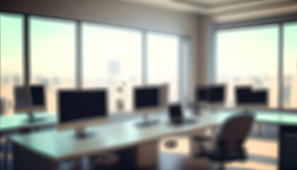 Blurred empty office space with desks, multiple computer monitors, chairs, and floor-to-ceiling windows offering a view of the city skyline. in the style of contemporary DIY