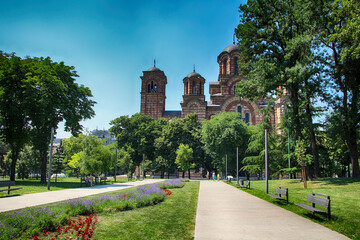 St. Mark's Church exterior view from city park in sunny bright summer day