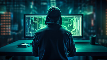 Hacker in dark hoodie looking at computer screen with binary code