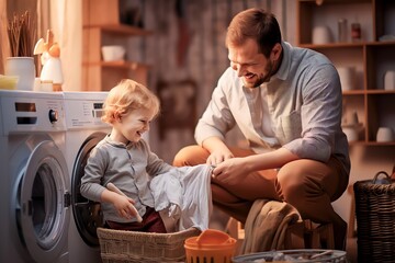 happy family father and his kid doing laundry together at home