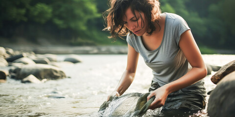Rustic woman hand-washing shirt in a river, evoking resilience and historic simplicity. - obrazy, fototapety, plakaty