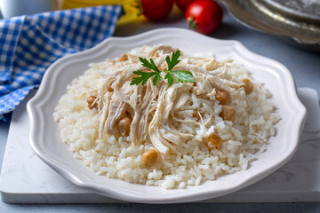 Traditional delicious Turkish food; Rice with chickpeas and chicken (Turkish name; Tavuklu nohutlu pilav or pilaf)