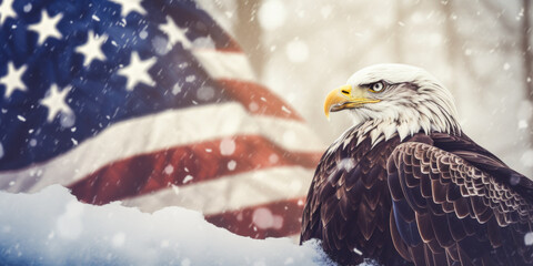 Patriotic eagle enduring cold, wrapped in American flag under falling snow.