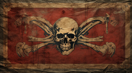A vintage - style skull banner with a weathered and aged appearance, reminiscent of old pirate flags