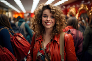 Portrait of a beautiful young woman with curly hair in a red jacket in a shopping center