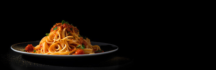 Spaghetti pasta on a plate on black background as package design element.