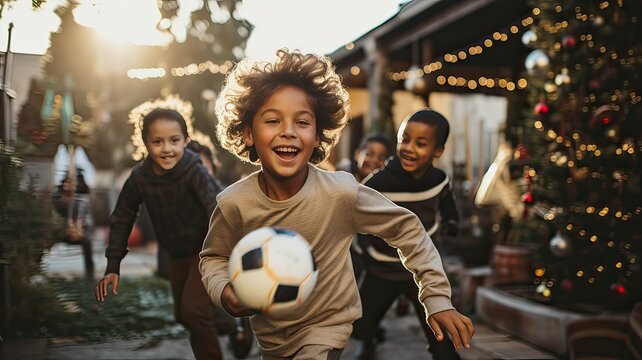 Group of Latin children playing soccer outside the house, on a summer day, Christmas time. Generative AI.
