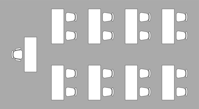 Furniture elements top view, plan of auditorium, classroom with place spectators. Kit for plan of office, lecture hall, workspace, education, school. Scheme chairs and tables. Collection for interior