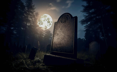 Close-up of a lone unidentified gravestone. Full moon is on the night sky - obrazy, fototapety, plakaty