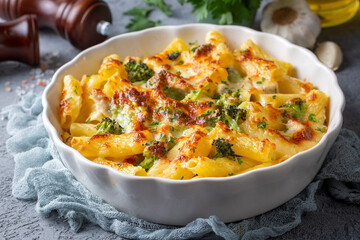 Pasta baked with broccoli and chicken. Broccoli, cheese and gratin sauce on baked penne pasta.