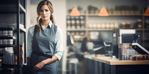 Engaging young saleswoman in apron anticipating customer arrival.