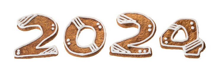 Closeup of gingerbread numerals for 2024 happy New year isolated on a white background. Set of...
