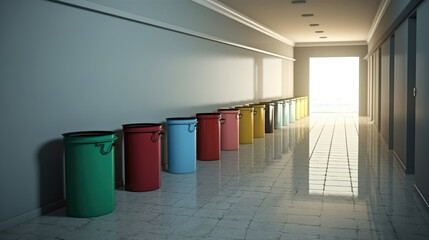 A row of trash cans in a hallway. Digital art.
