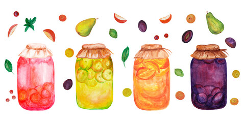 Delicious compotes set from fruits, watercolor illustration. Sweet refreshing berry compotes. Homemade canned apple compote in glass jar. - obrazy, fototapety, plakaty